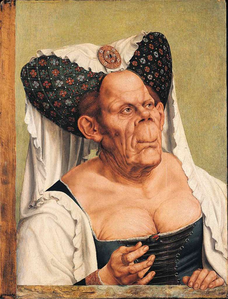 London National Gallery Top 20 08 Quinten Massys - A Grotesque Old Woman Quinten Massys - A Grotesque Old Woman (about 1525-30, 64 x 45 cm). This painting was designed to criticize older women who do not accept their age and try to look younger than they actually are. The effects of the huge ears, wrinkles, and ape-like face, are merely emphasized by the ridiculous hat. The sitter is made even more repugnant by the rich jewels she wears and the indiscretion of her low-cut dress.